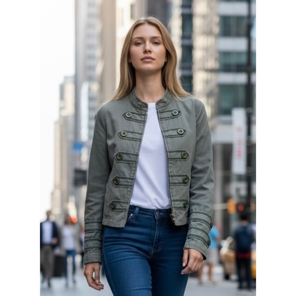 Sashimi Zip Up Military Jacket Women Small Olive Green Cotton Steampunk Utility